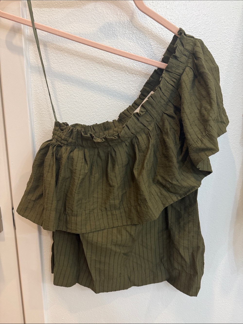 LOFT One-Shoulder Olive Green Ruffle Top